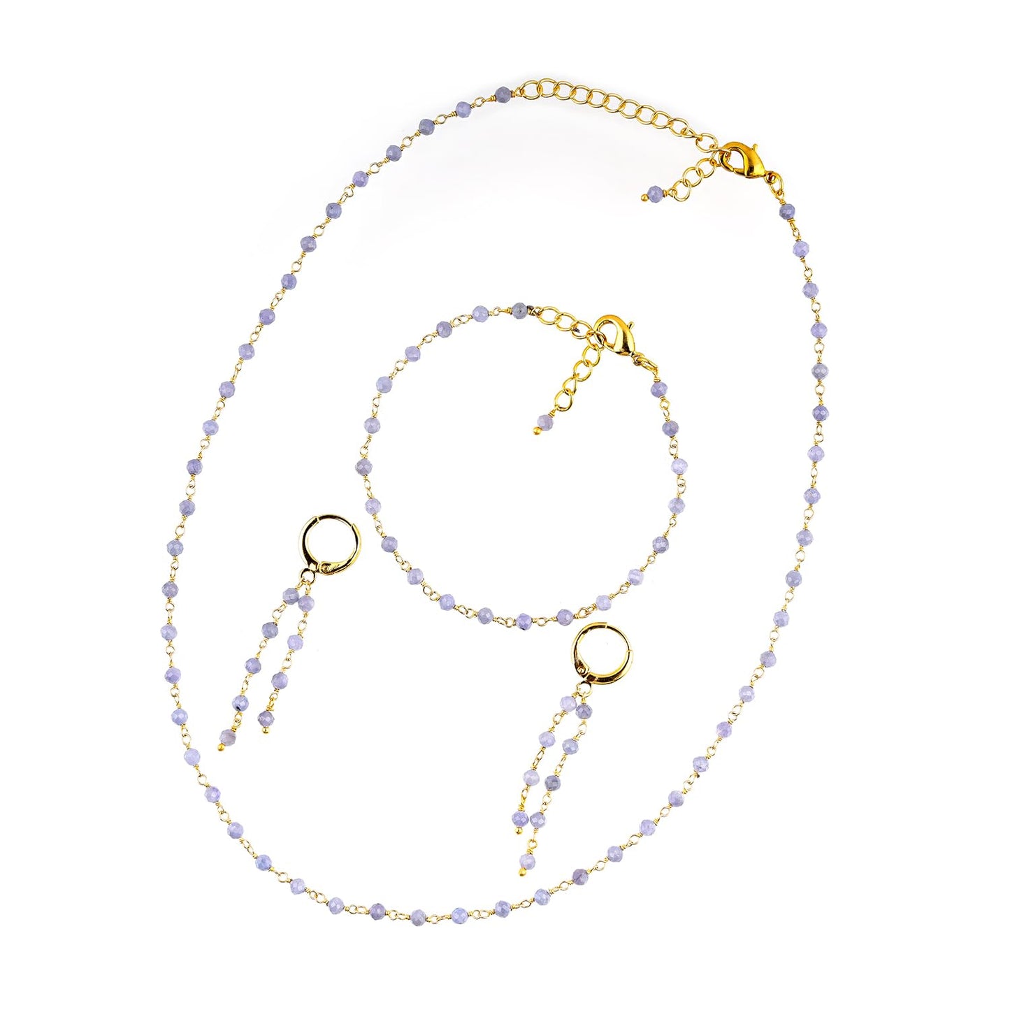 CRYSTALINES (3pcs) Genuine Blue Tanzanite Gemstone Cluster Combo Set, 14K Gold Plated Jewelry, Blue Crystals Rosary Chain, Handmade Bohemian Jewelry - Bracelets, Necklace, Earrings for Women