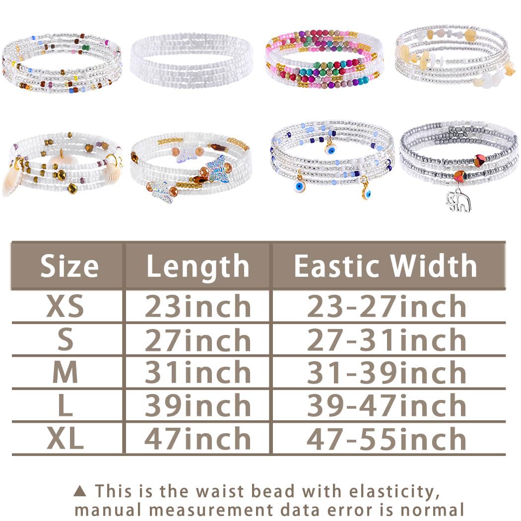 ELABEST 24-39inch African Waist Beads for Women 8Pcs Elastic Belly Beads Colorful Beaded Waist Jewelry Accessories Body Chain (White, 47.2inch/120cm)
