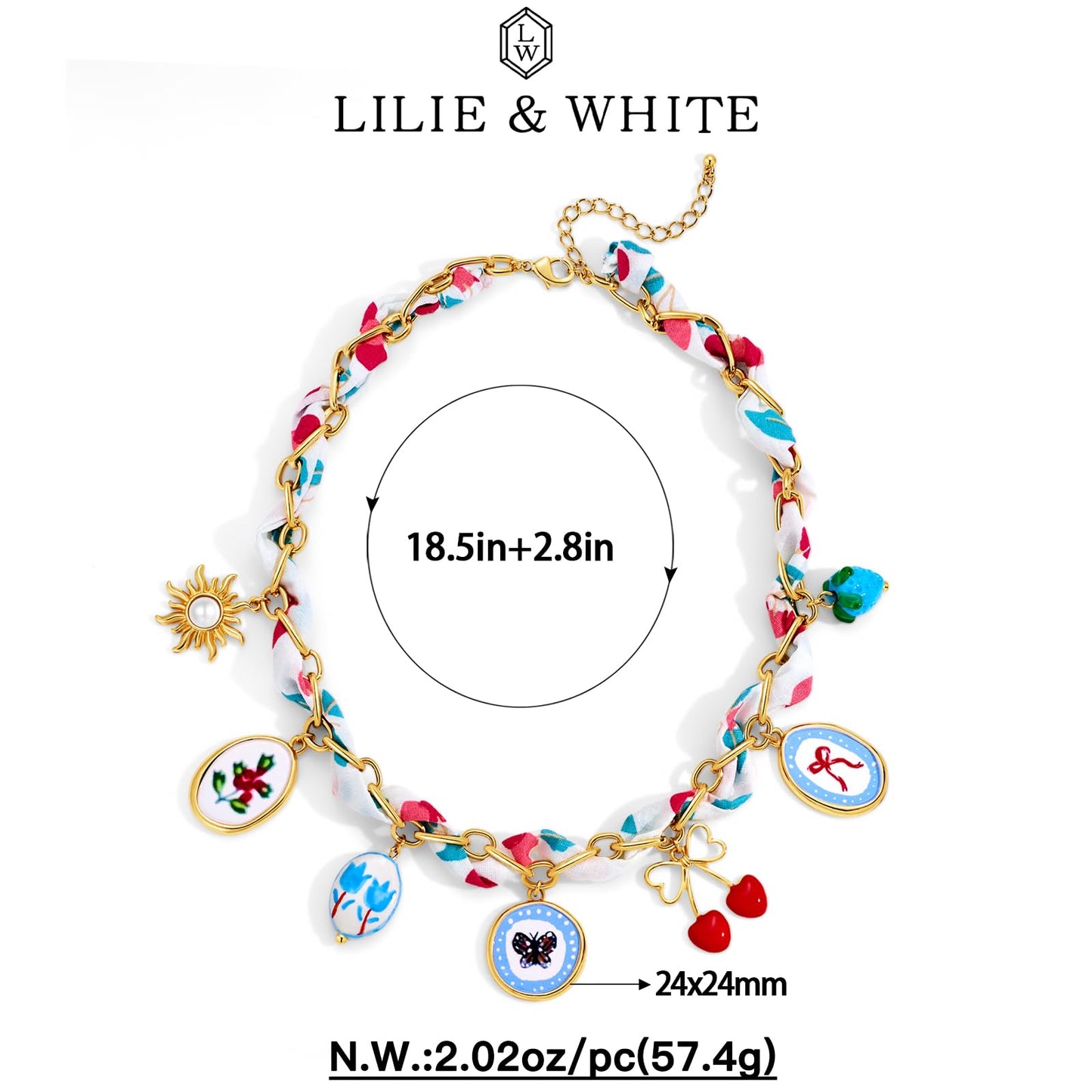 LILIE&WHITE Bandana Necklace for Women with Colorful Charms Necklaces Sun Bow Cherry Chic Beach Necklaces Cute beach Jewelry Gift