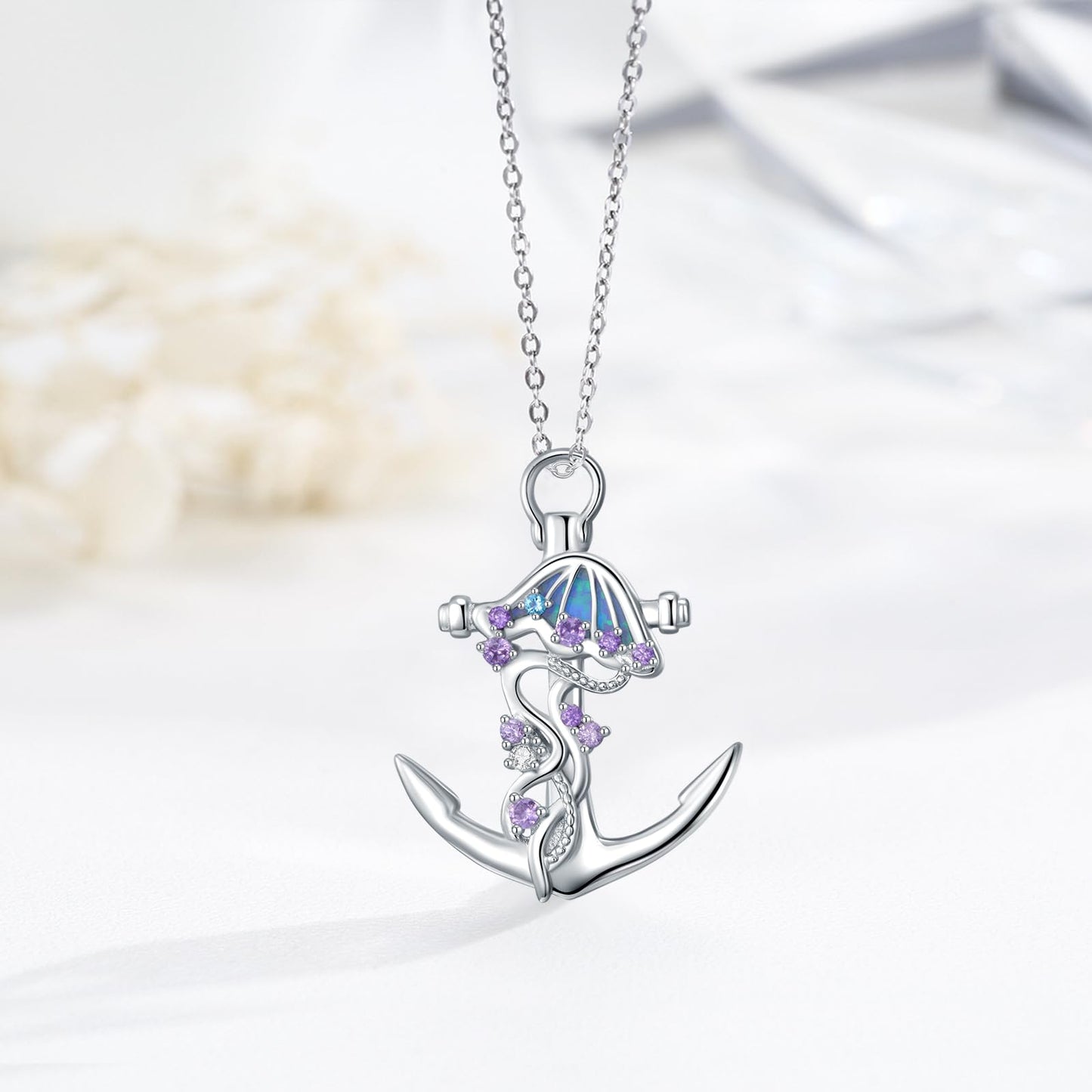 KoyeKei Jellyfish Necklace for Women 925 Sterling Silver Anchor Necklaces Jellyfish Nautical Pendant with Blue Opal Jewelry Christmas Graduation Gifts for Lover Her Mom Girlfriend