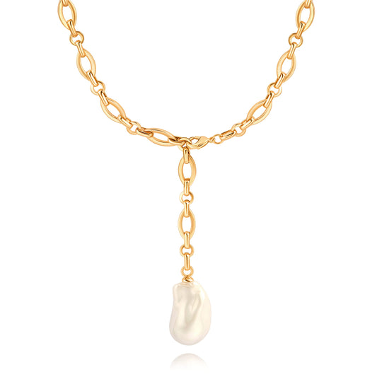 PEARLADA Large Baroque Pearl Pendant Necklace, 18k Gold Plated Lariat Y Necklace for Women, Chunky Statement Long Necklace