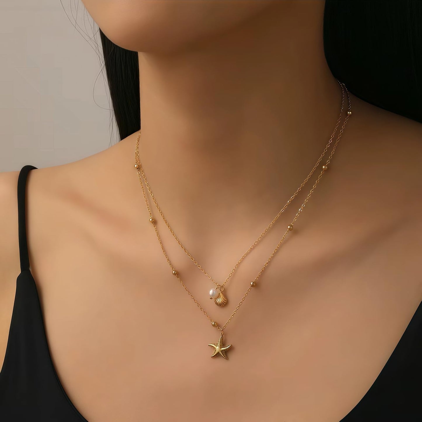 Shell Starfish Necklace for Women, 14k Gold Plated Boho Layered Beaded Charm Pendant Necklace, Dainty Adjustable Pearl Conch Summer Beach Vacation Jewelry Gifts(Shell&Starfish)