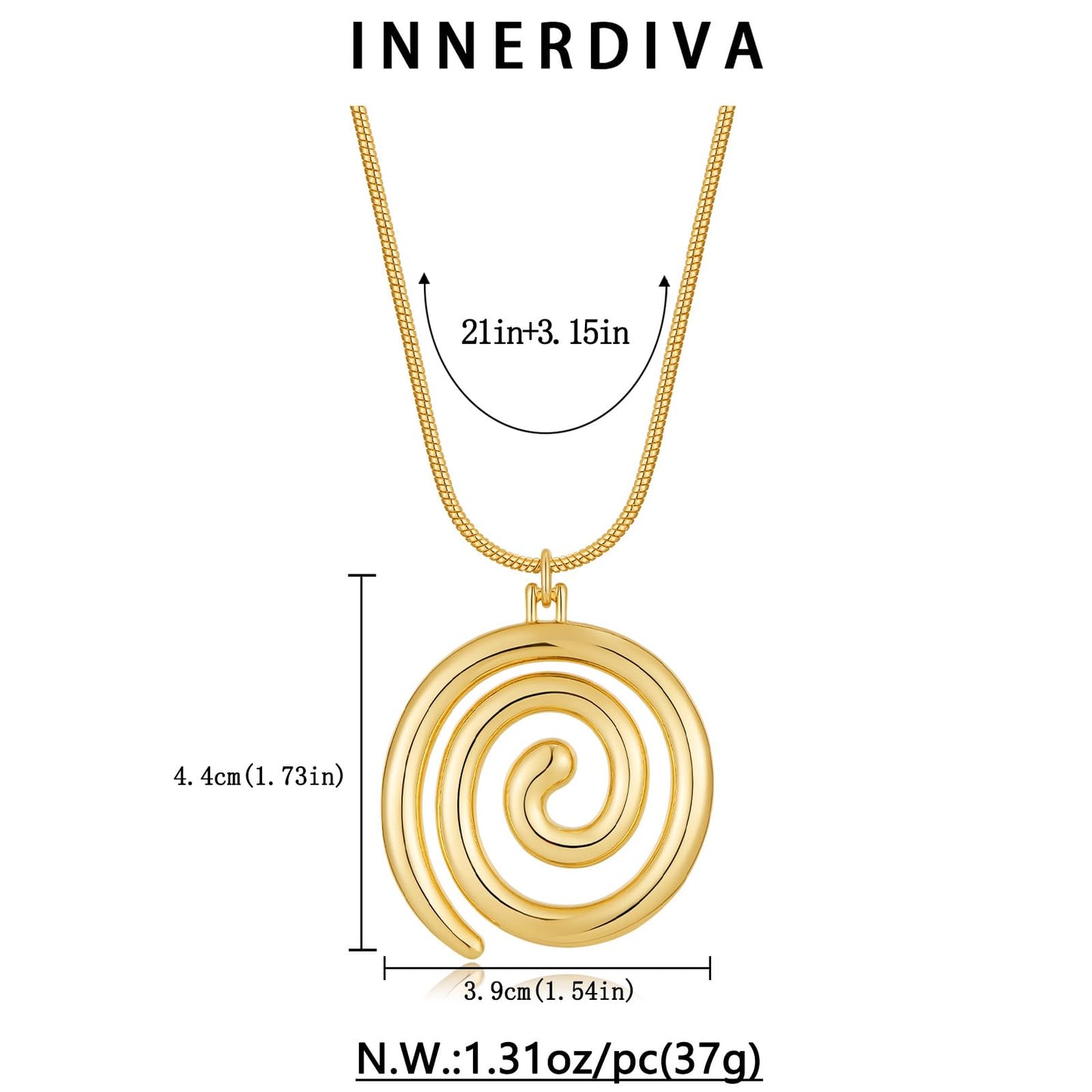 INNERDIVA Chunky Gold Necklace, Spiral Statement Pendant Necklace with Gold-Plated Zinc Alloy Charm Jewelry Gifts
