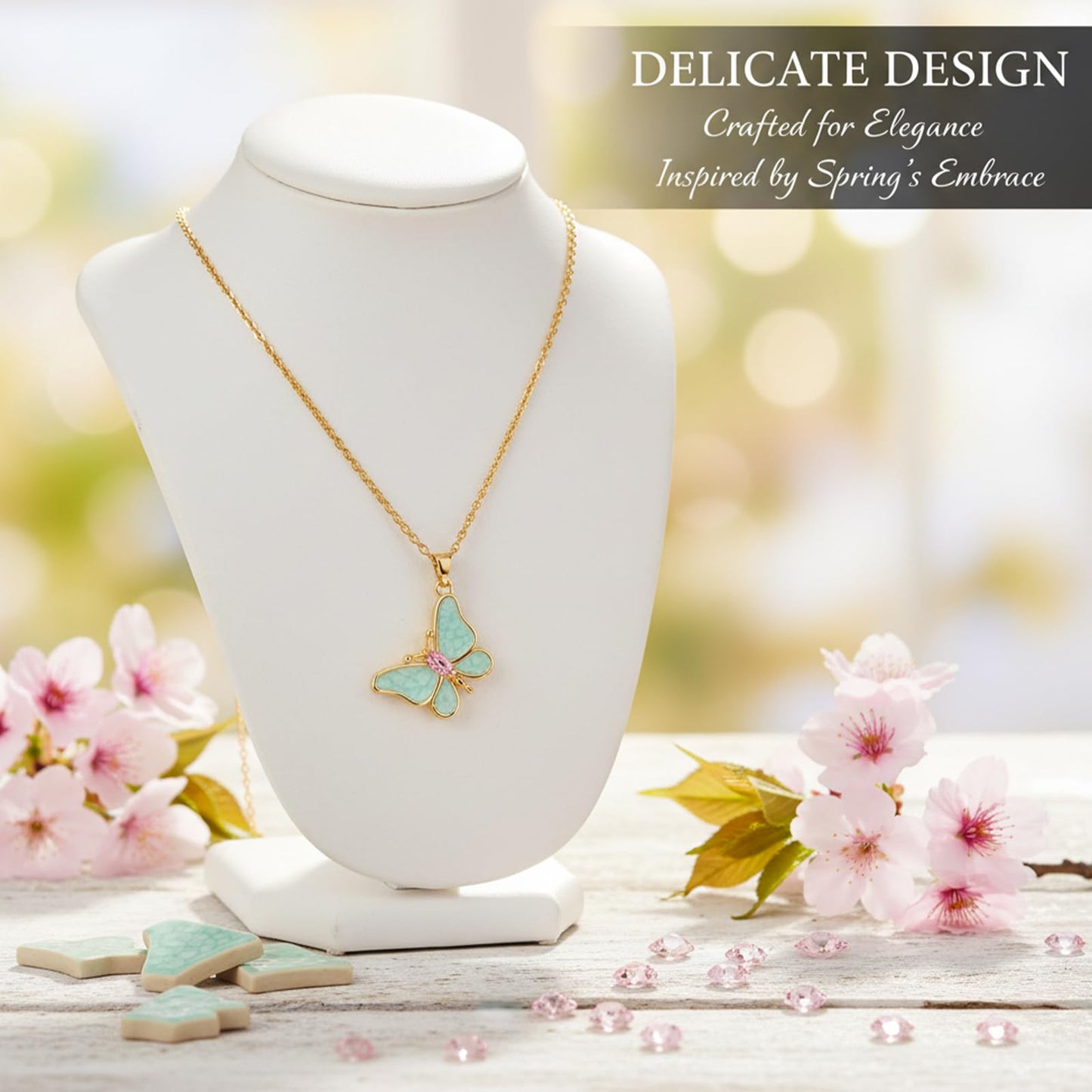 AUMRET Mint Green Enamel Lepidolite Butterfly Necklace For Women-Gold Plated Rose Quartz October Birthstone Necklace For Valentine's Day Mother's Day Christams Birthday Gifts
