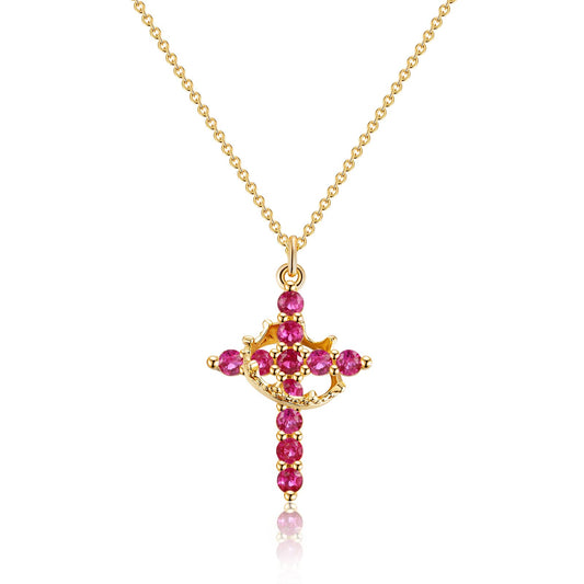 Robaice Birthstone Crown Cross Necklace for Women, Gold-Plated Christian Faith Necklace, Cross Jewelry Gift for Women, January Red Garnet Gift