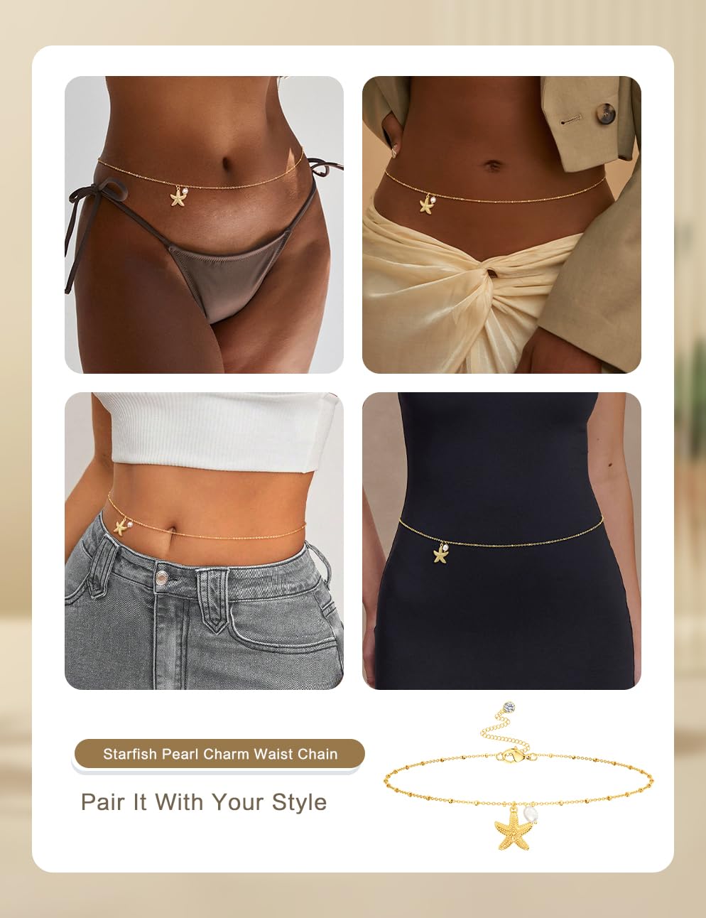HABIKIP Starfish Pearl Charm Waist Chain for Women, Dainty 14K Gold Plated Belly Chain Belt Sexy Bikini Beach Waist Chain Adjustable Waterproof Body Chain Summer Vacation Jewelry Accessories for Women
