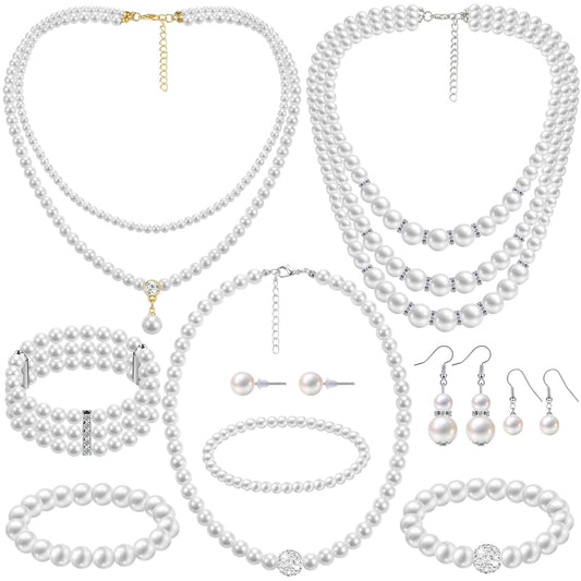 Glenmal Pearl Rhinestone Jewelry Set for Women Pearl Necklace Bracelet Earrings for Wedding Birthday Bridal Shower Tea Party (10 Pcs,Polished Style)
