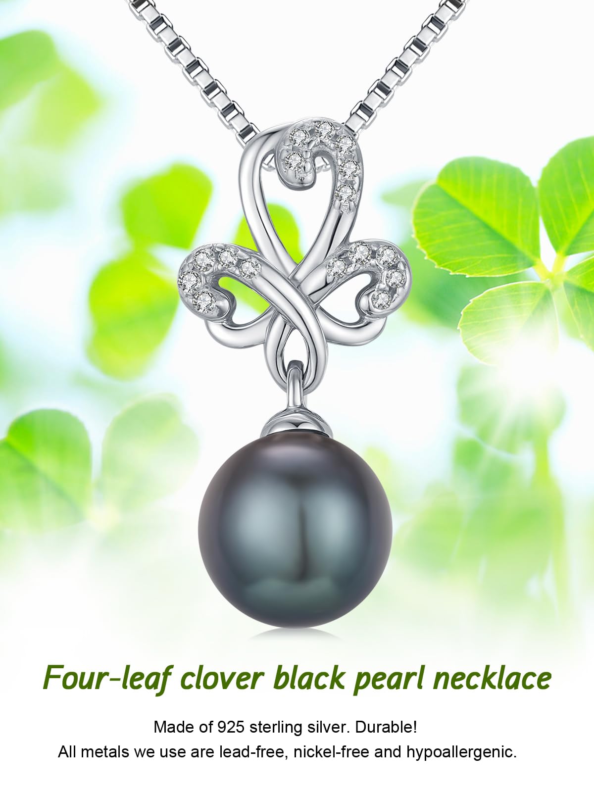 KANNSOAR Tahitian Black Pearl Necklace 18K White Gold Plated Sterling Silver Four Leaf Clover Pendant for Wedding Anniversary Birthday Jewelry Gifts for Women Wife Mom Lover Girlfriend