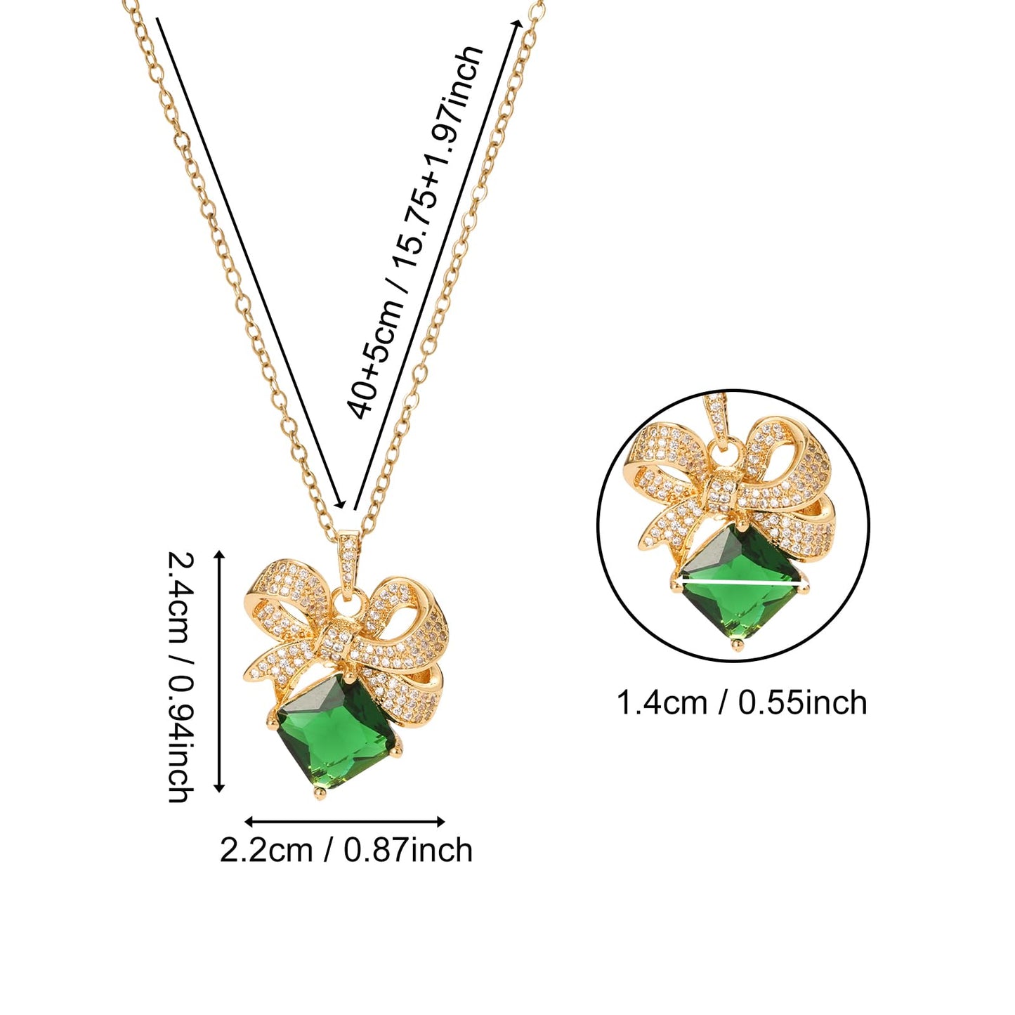 Emerald Square Bow Necklace for Women-Gold Plated May Birthstone Healing Crystal Vintage Necklace For Valentines Day Mother's Day Christmas Birthday Gifts