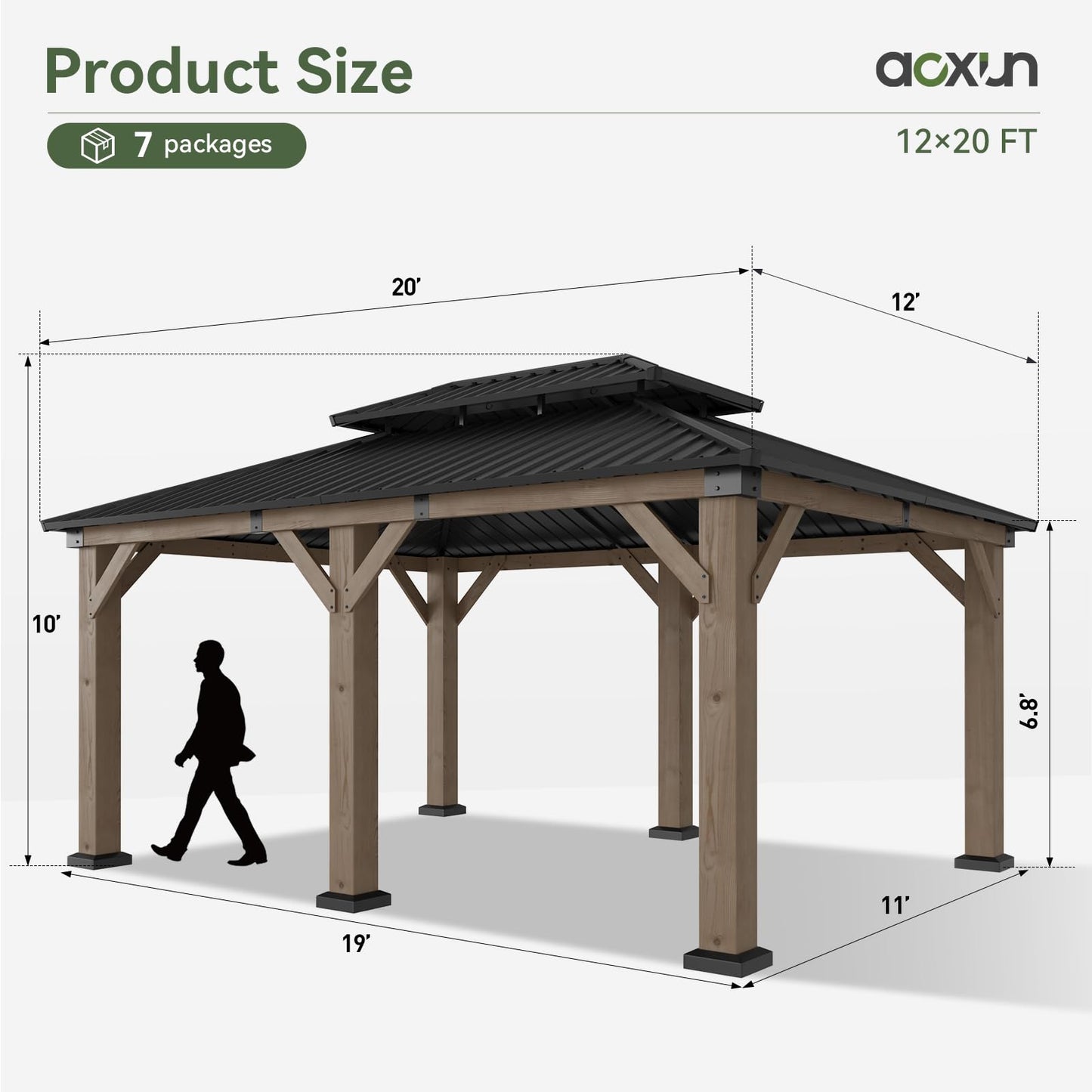 Aoxun 12' x 20' Outdoor Wood Gazebo, Hardtop Gazebo Permanent Wooden Pavilion with Galvanized Steel Double Roof, for Patio, Garden, Yard, Cedar Wood, Grey