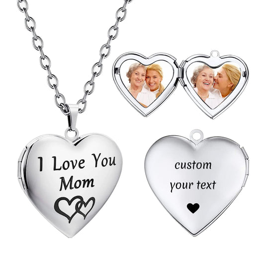 PHOCKSIN I Love you Mom Custom Personalized Silver Heart Locket Necklaces For Women Photo Locket Necklace with Customized Text Pictures for Mothers Day Gifts