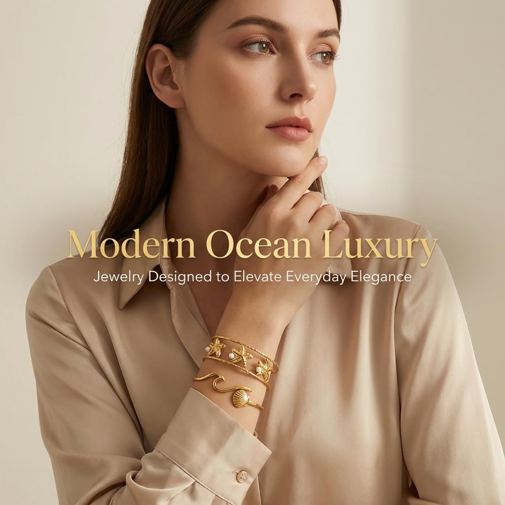 MystiGlimmer Starfish Bracelet with Luxury Gift Box 18K Gold Plated Stainless Steel, Adjustable Open Cuff, Waterproof & Hypoallergenic Jewelry Gift for Women (3Starfish)