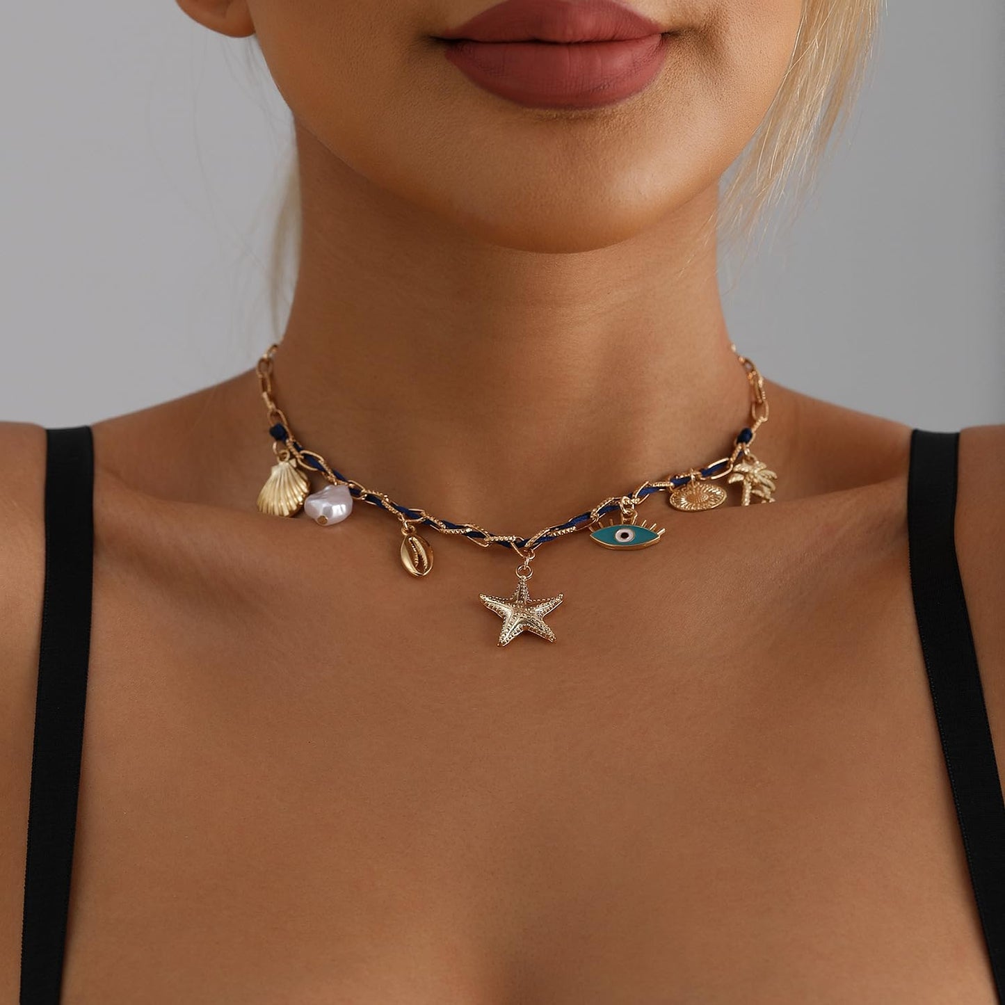 Lookray Starfish Necklace for Women Dainty Seashell Mermaid Charm Necklace Gold Layered Shell Beaded Necklace Boho Summer Beach Jewelry Mermaid Costumes Accessories StyleC