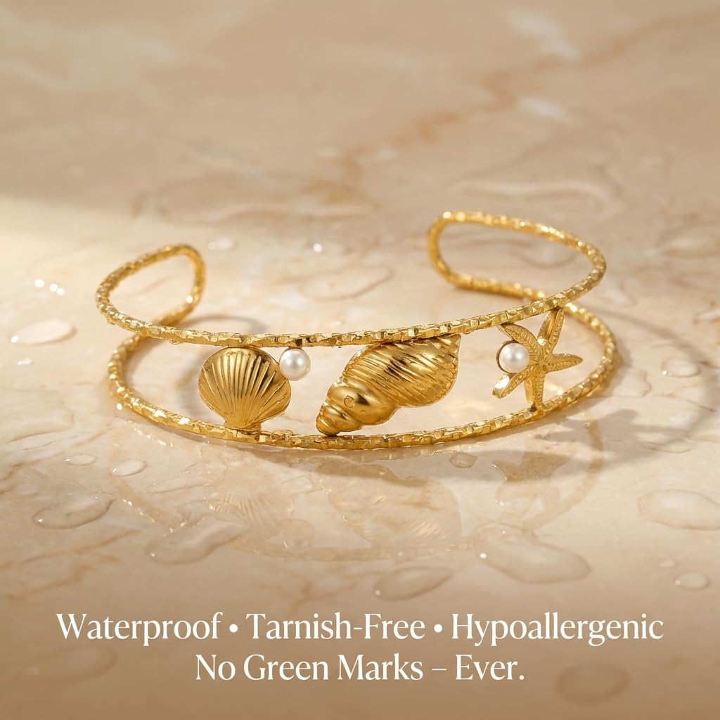 MystiGlimmer Starfish Bracelet with Luxury Gift Box 18K Gold Plated Stainless Steel, Adjustable Open Cuff, Waterproof & Hypoallergenic Jewelry Gift for Women (Seashell-Starfish1)