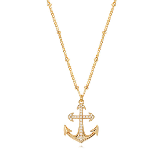 MTMY Gold Starfish Necklace 14K Gold Plated Shell Conch Ocean Pendant Necklace for Women Beach Summer Jewelry(CZ Anchor)