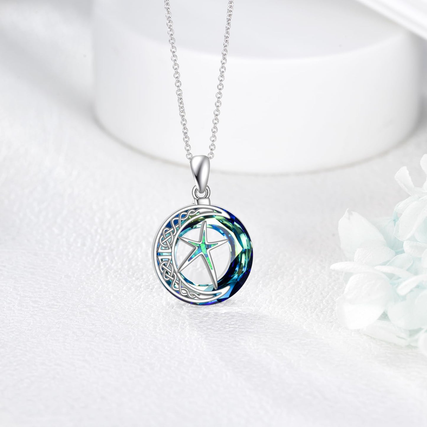 MONGAS Starfish Necklace 925 Sterling Silver Seashell Necklace Created Opal Pendant Seashell Jewelry Starfish Gifts for Women Mom