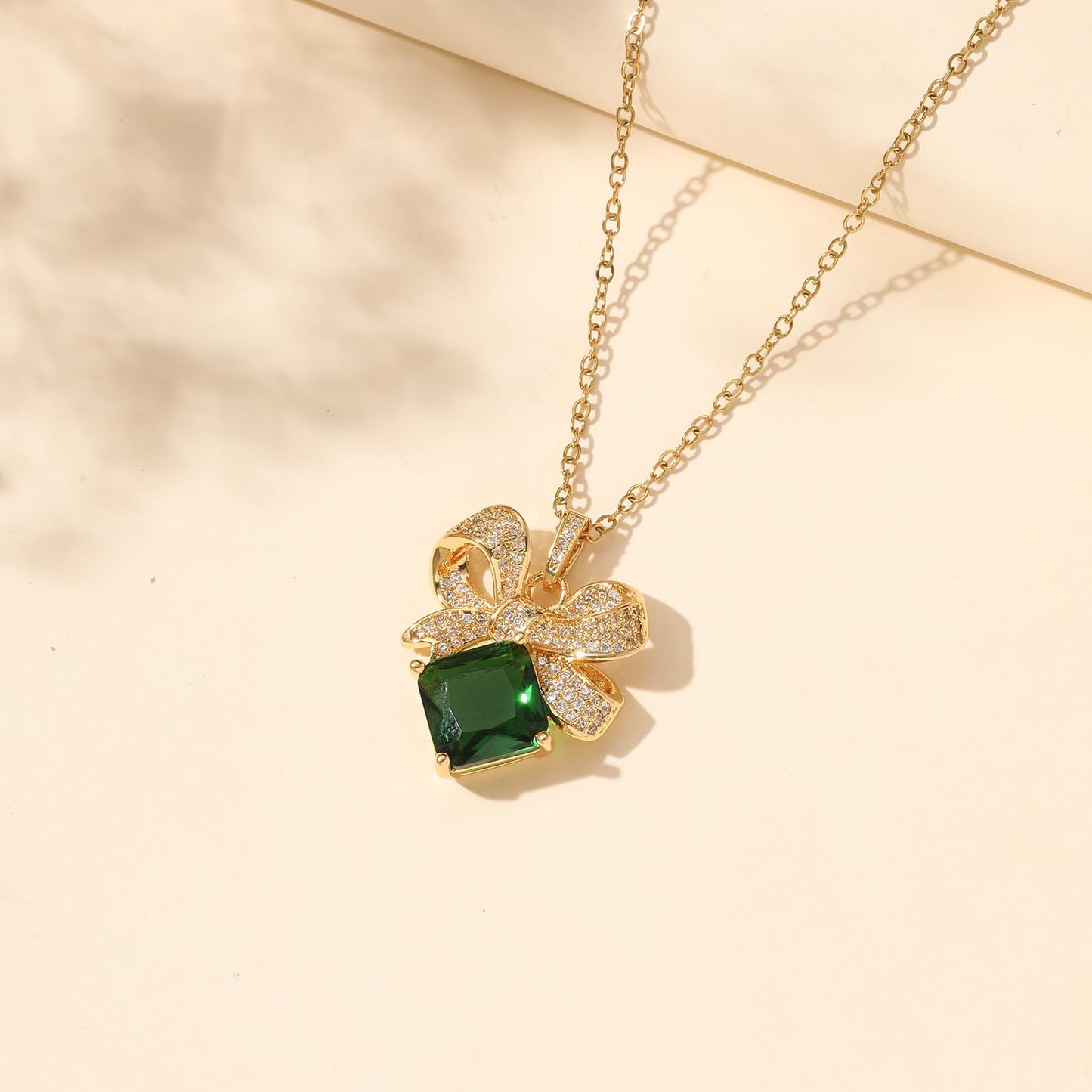 Emerald Square Bow Necklace for Women-Gold Plated May Birthstone Healing Crystal Vintage Necklace For Valentines Day Mother's Day Christmas Birthday Gifts