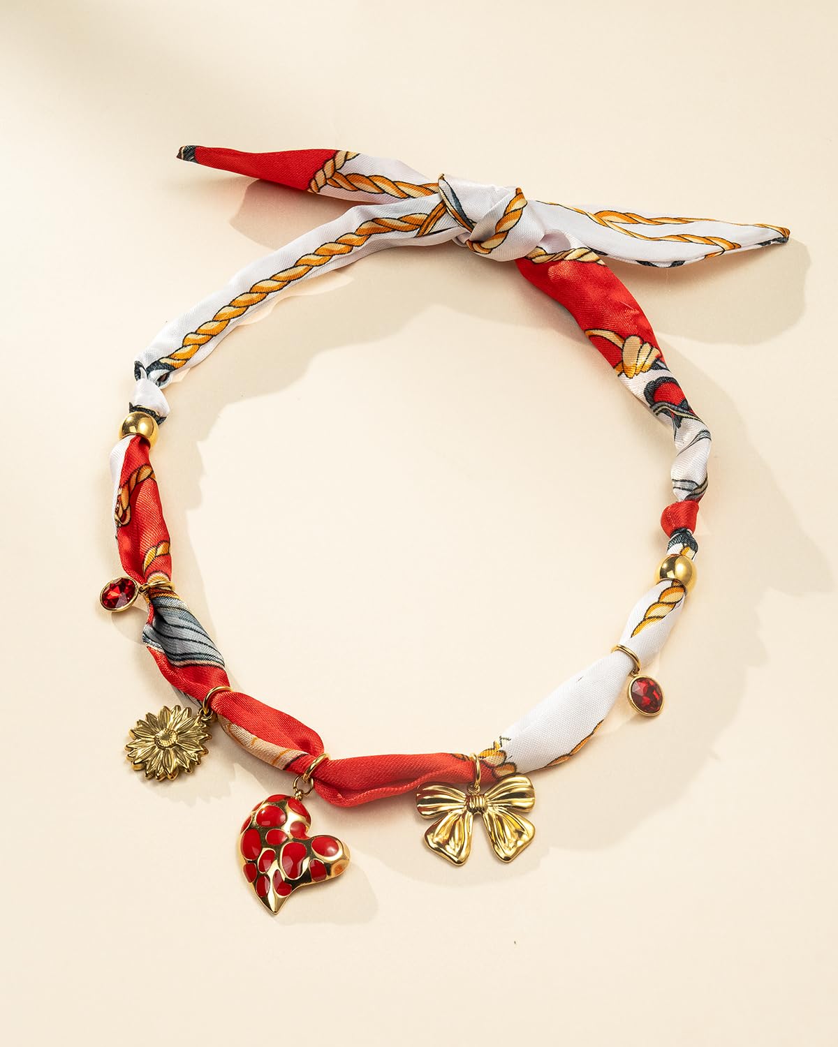 DoDoBeads Scarf Charm Necklace – Vintage Love – Red Enamel Heart & Bow Charm Necklace with Gold-Tone Stainless Steel Accents