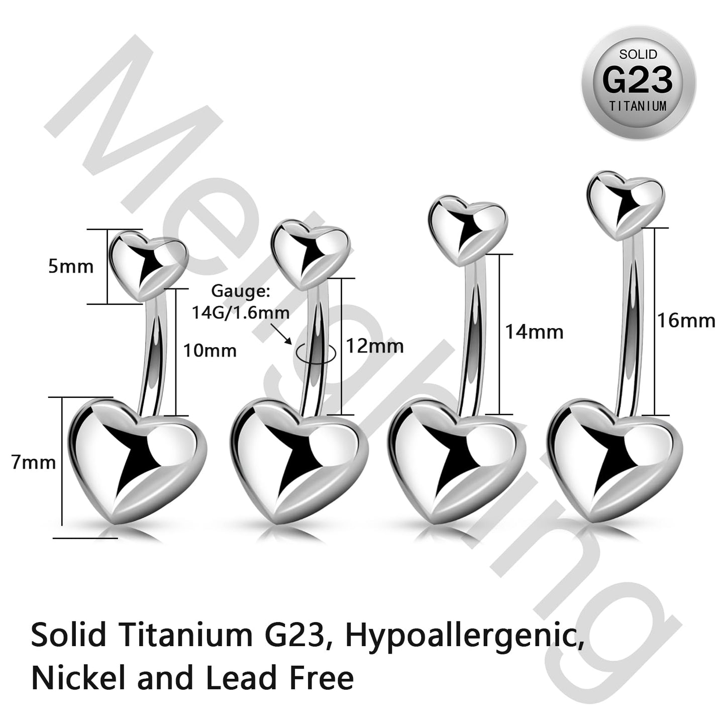 Melighting Titanium Belly Button Ring 14G Heart Belly Ring Internally Threaded G23 Titanium Navel Piercing Hoop Navel Barbell Body Piercing Jewelry 10 mm