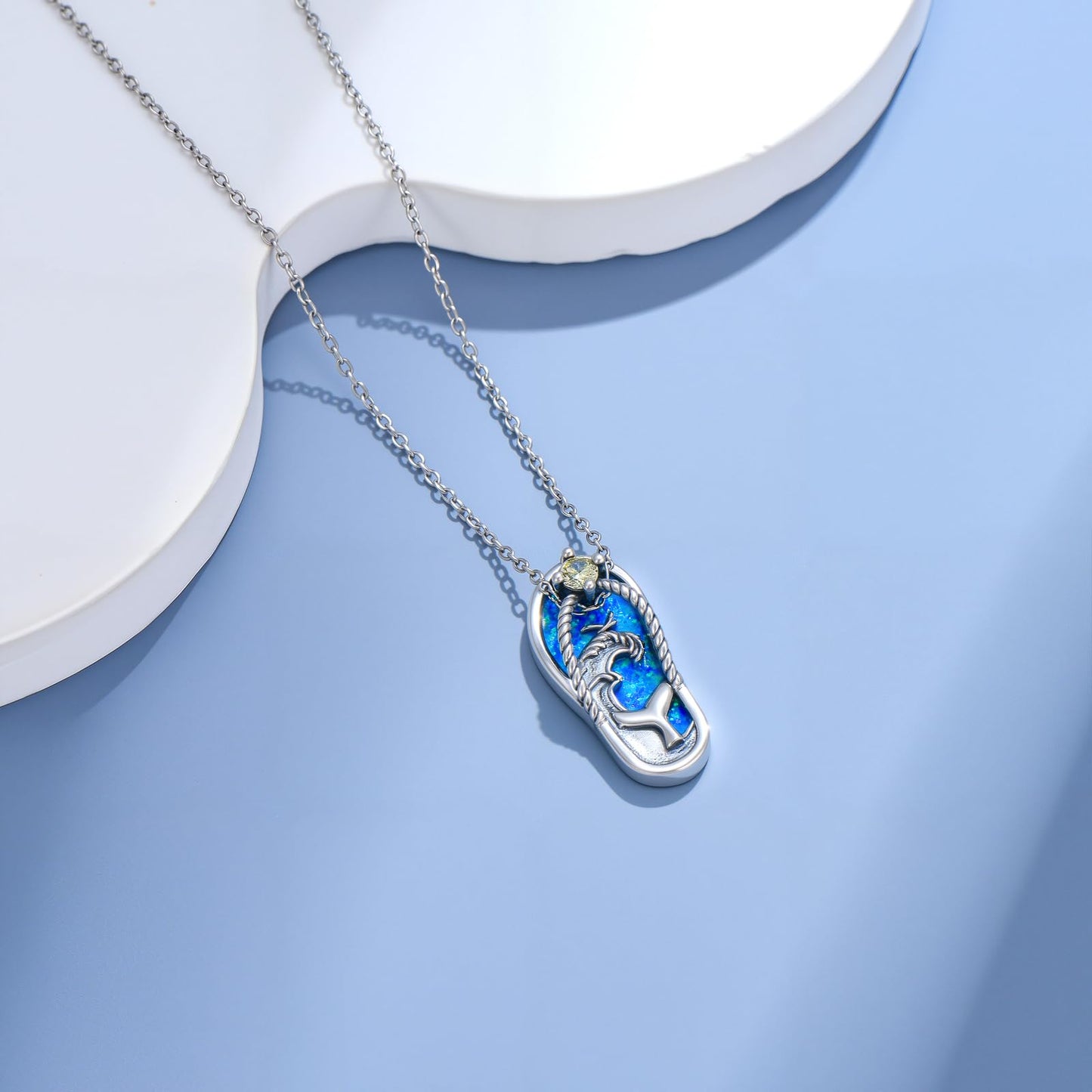 Midir&Etain Whale Tail Necklace 925 Sterling Silver Blue Opal Ocean Pendant Summer Flip Flops Jewelry Beach Fun Gifts for Women
