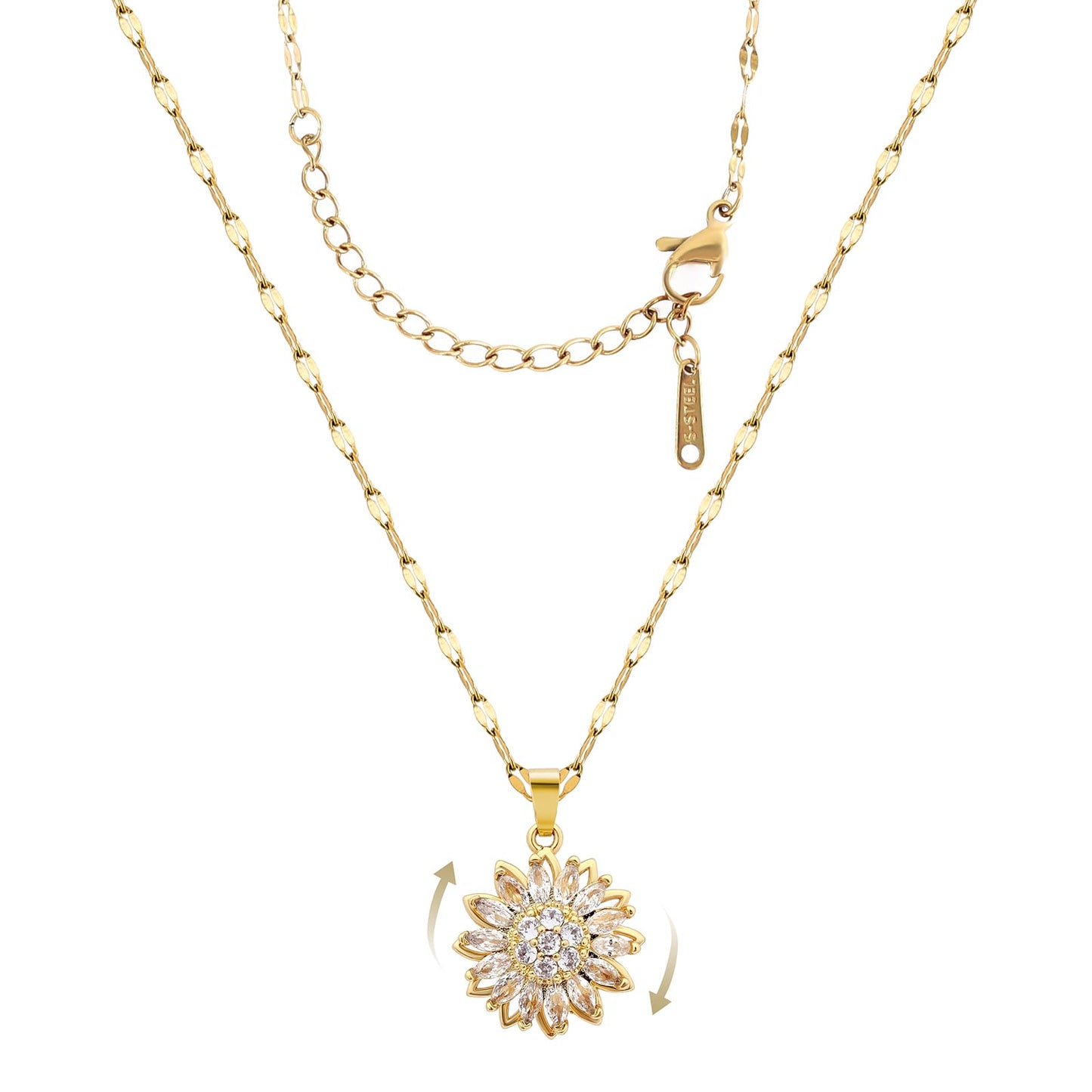 KONPJE Sunflower Fidget Necklace for Women Gold Moon Necklace Rotating Heart Necklaces Spinning Crystal Sunflower Anxiety Necklaces Crescent Moons Jewelry Accessories (Sun)