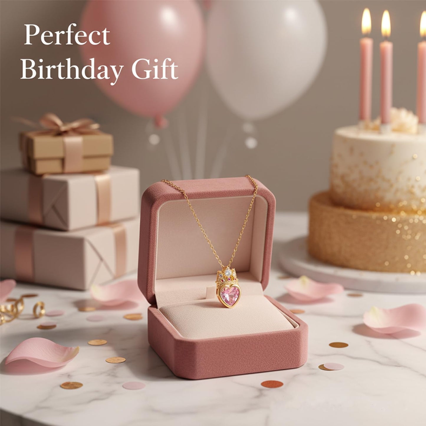 crataly Crown Heart Rose Quartz Necklace For Women-Gold Plated Pink CZ Princess Necklace For Valentines Day Mothers Day Christmas Birthday Gifts