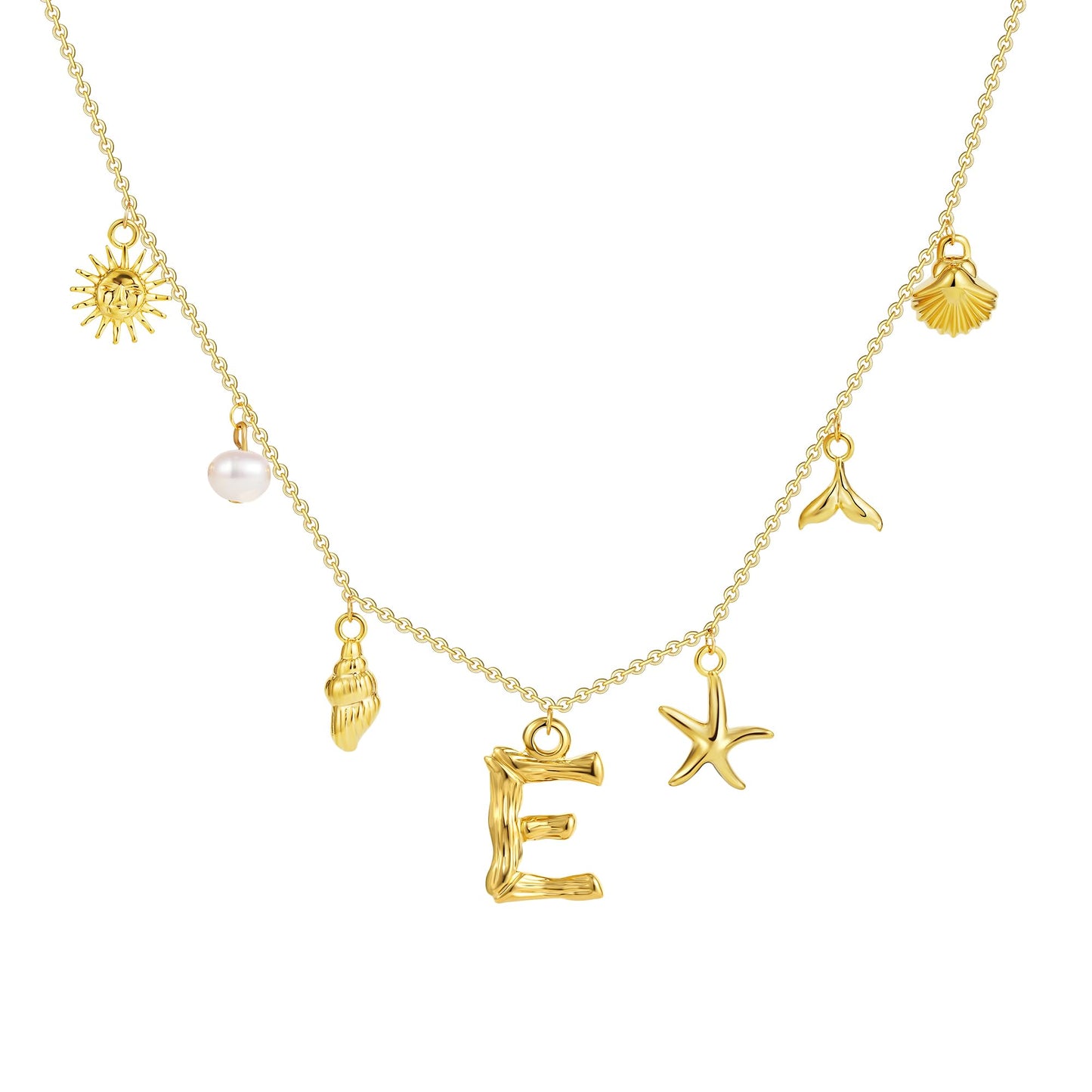 SLOONG Initial Charm Necklace 14K Gold Plated Letter Neckalce Freshwater Pearl Necklace Choker Boho Summer Seashell Beach Starfish Surfer Jewelry Gifts for Women E