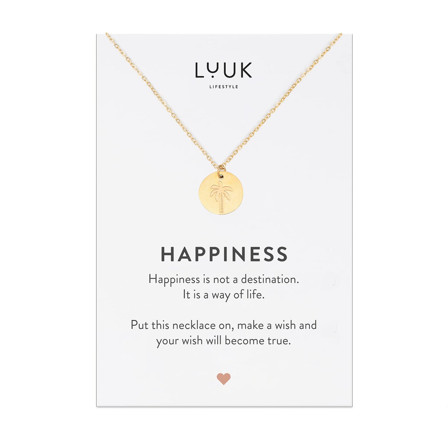LUUK LIFESTYLE Feminine necklace for women with palm tree pendant and HAPPINESS card, modern and minimalist fashion accessory, holiday jewelry, travel lucky charm, Valentine’s Day, birthday, gold
