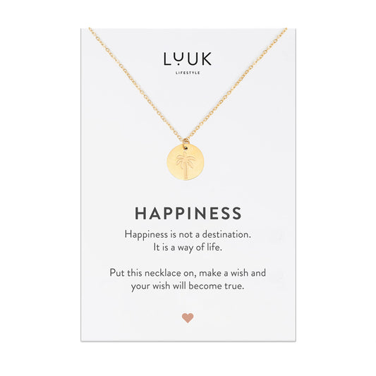 LUUK LIFESTYLE Feminine necklace for women with palm tree pendant and HAPPINESS card, modern and minimalist fashion accessory, holiday jewelry, travel lucky charm, Valentine’s Day, birthday, gold