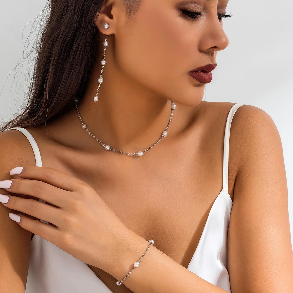 CSIYANJRY99 Pearl Necklace and Earring Set Faux Pearl Jewelry Sets for Women Imitation Beaded Pearl Necklace Bracelet Stud Earrings for Women G