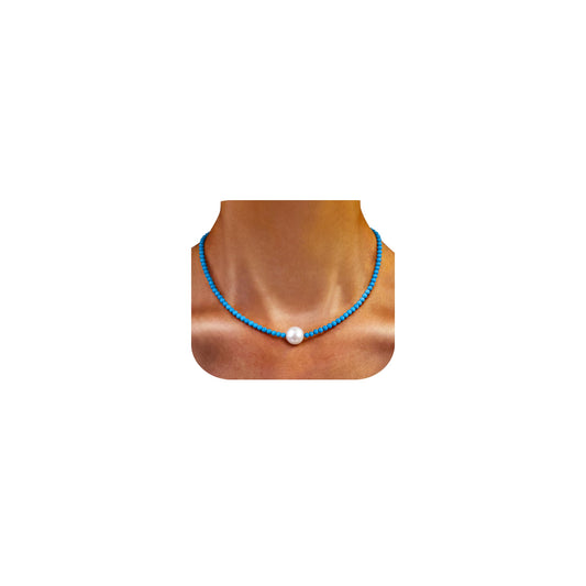 GEMTAL Dainty Single Pearl Pendant Necklaces for Women Trendy,Turquoise Necklace Natural Gemstone Stone Beaded Choker,Delicate Round Freshwater Pearl Necklace Jewelry Gift for Women