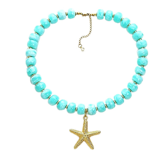 ZXYMHL Chunky Beaded Starfish Shell Necklace Colorful Boho Beach Chain Choke Necklace for Women Summer Trendy Vacation Jewelry Gift (blue starfish)