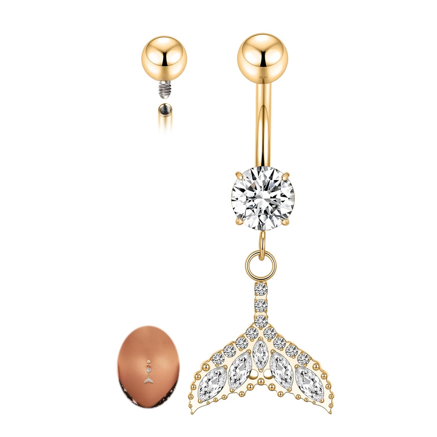 PEAKLINK Dangle Belly Jewelry 14G Internally Threaded Navel Piercing Gold Belly Button Ring 10mm for Women Titanium Curved Barbell with Fishtail CZ Navel Belly Bars