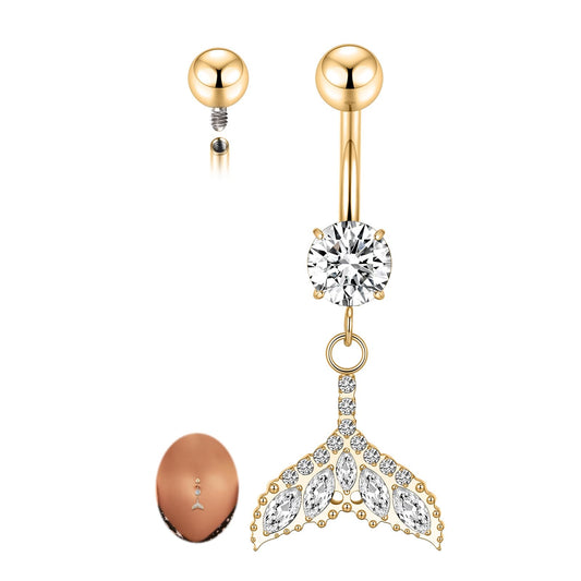 PEAKLINK Dangle Belly Jewelry 14G Internally Threaded Navel Piercing Gold Belly Button Ring 10mm for Women Titanium Curved Barbell with Fishtail CZ Navel Belly Bars