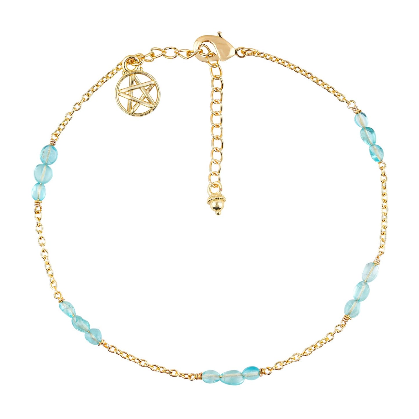 CRYSTALINES Natural Sky Blue Apatite Gemstone Nuggets Beads, Handmade Station Dangle Star Charms Anklet, 14K Gold Plated, Adjustable Fashion Boho Jewelry for Women, Healing Crystals, Christmas Gift