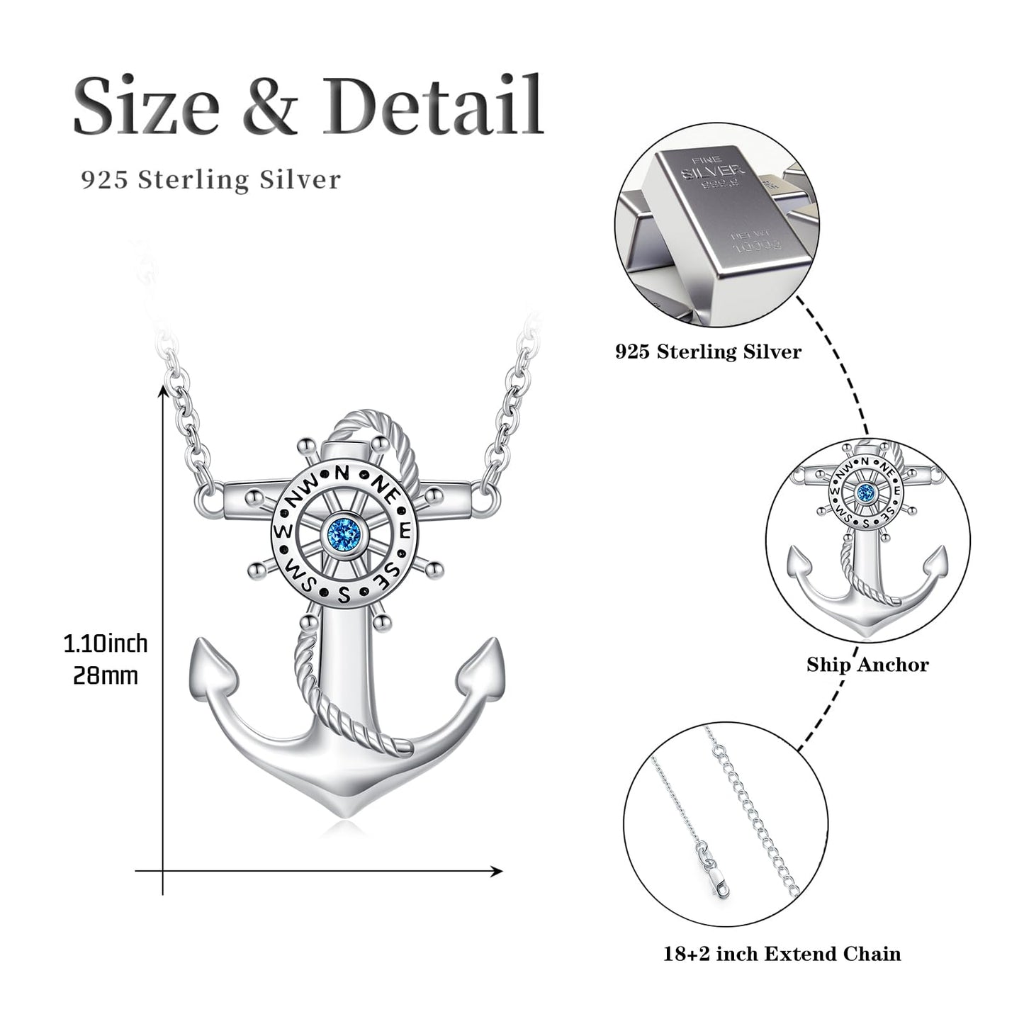 KoyeKei Anchor Necklace for Women Sterling Silver Anchor Compass Pendant Nautical Ocean Jewelry Breach Sailing Graduation Gifts for Her Men