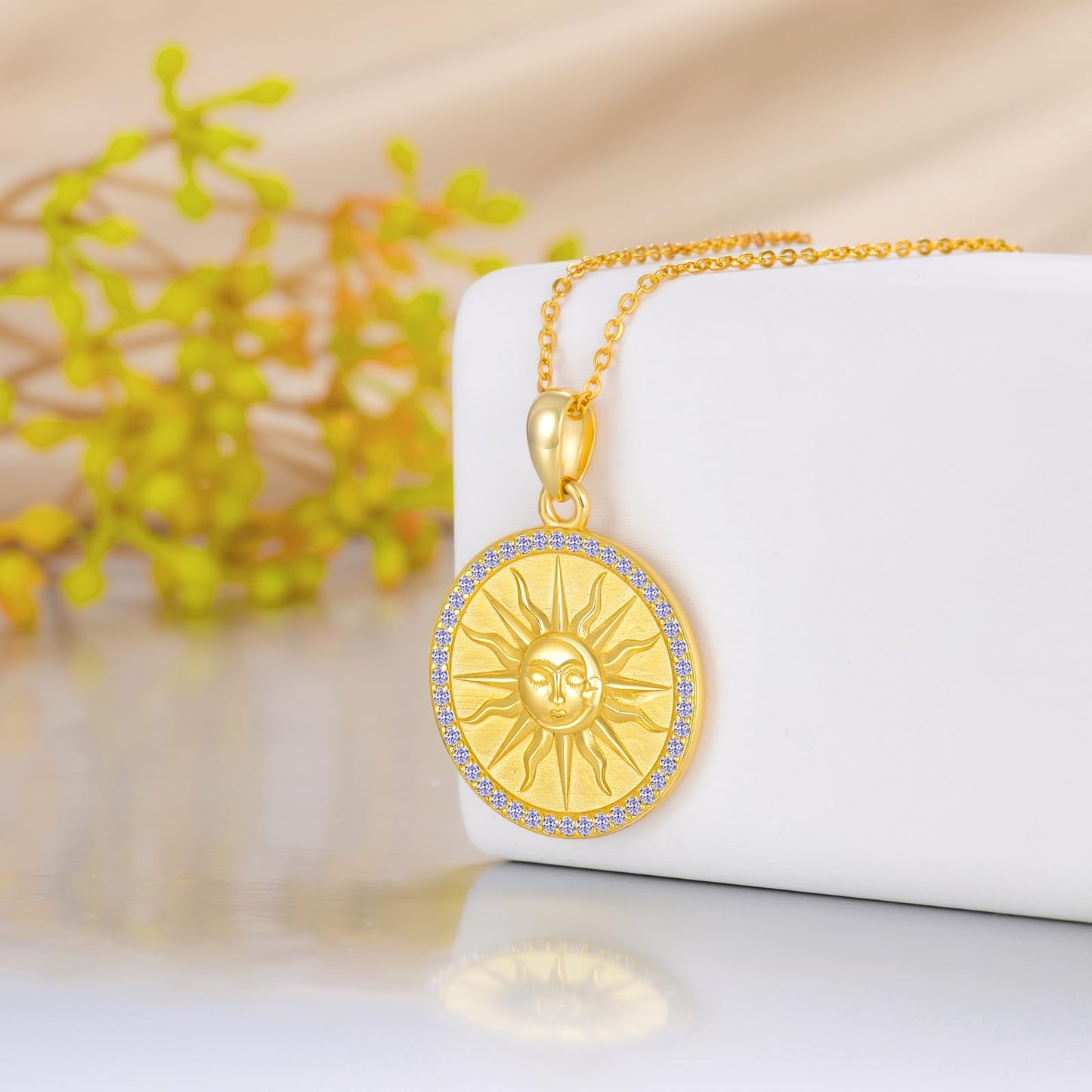 KQF Sun Necklaces for Women Sterling Silver 18K Gold Plated Sun Coin Pendant Birthstone Necklace June Jewelry Gift for Mom