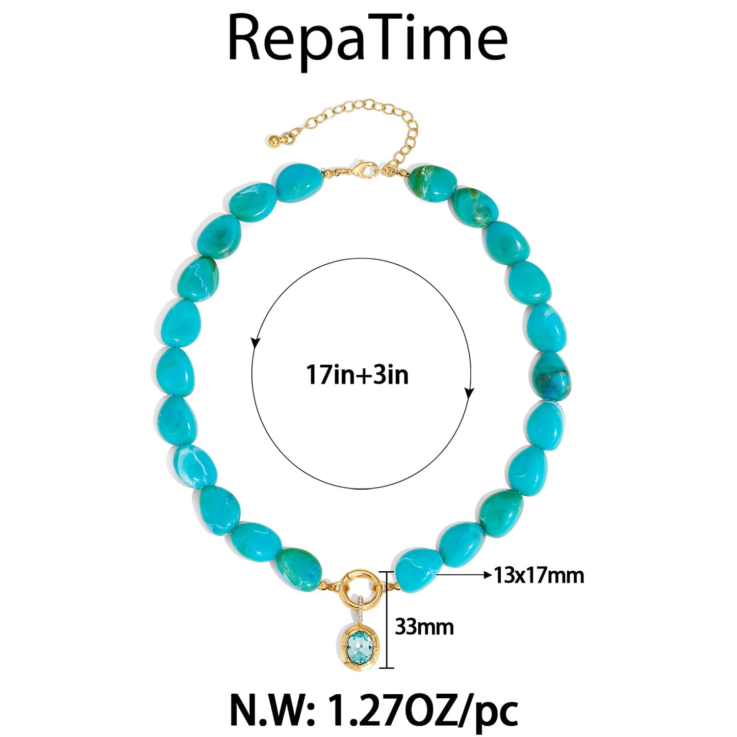 RepaTime Turquoise Beaded Necklace for Women, 14K Gold Plated Acrylic Resin Chunky Choker, Dainty Cubic Zirconia Pendant Necklace, Boho Jewelry for Wedding Party Birthday Gift