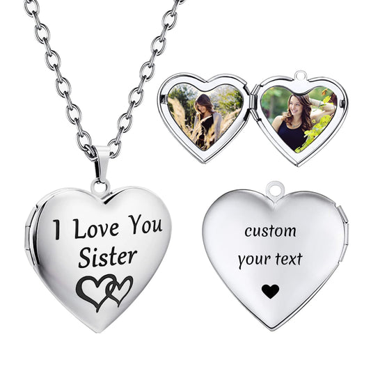 PHOCKSIN I Love You Sister Personalized Heart Locket Necklace That Holds Pictures Customizable Photo Lockets for Women Custom Photo Text&Symbols
