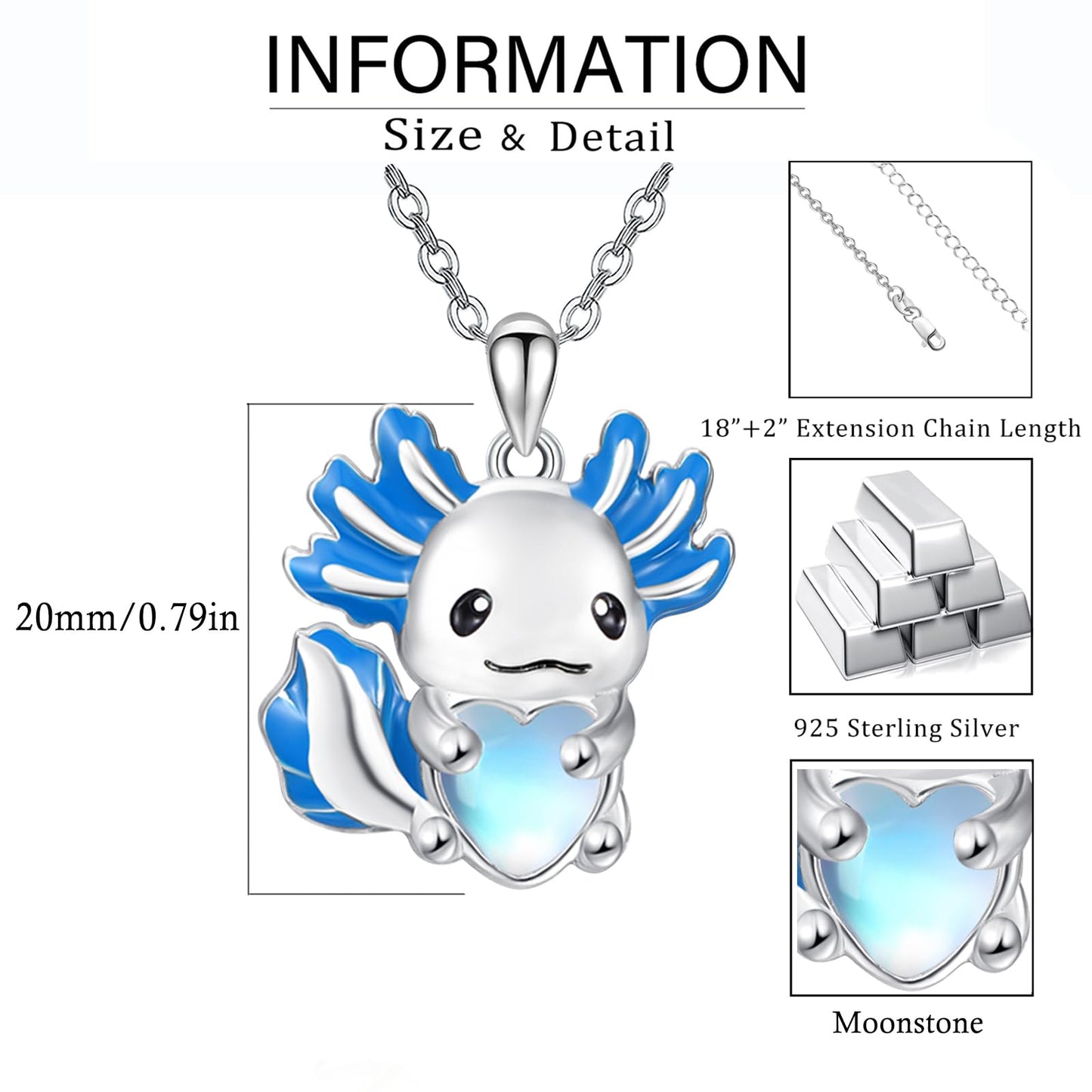 Dreamboat Blue Axolotl Pendant Necklace for Women 925 Sterling Silver Moonstone Axolotls Animal Jewelry Gifts