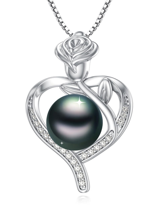 KANNSOAR 9MM Tahitian Black Pearl Rose Fower Heart Pendant Necklace Pearl Jewelry-Wedding Birthday Anniversary Valentines Day Christmas Mothers Day Gifts for Women Wife Mom Girlfriend Her