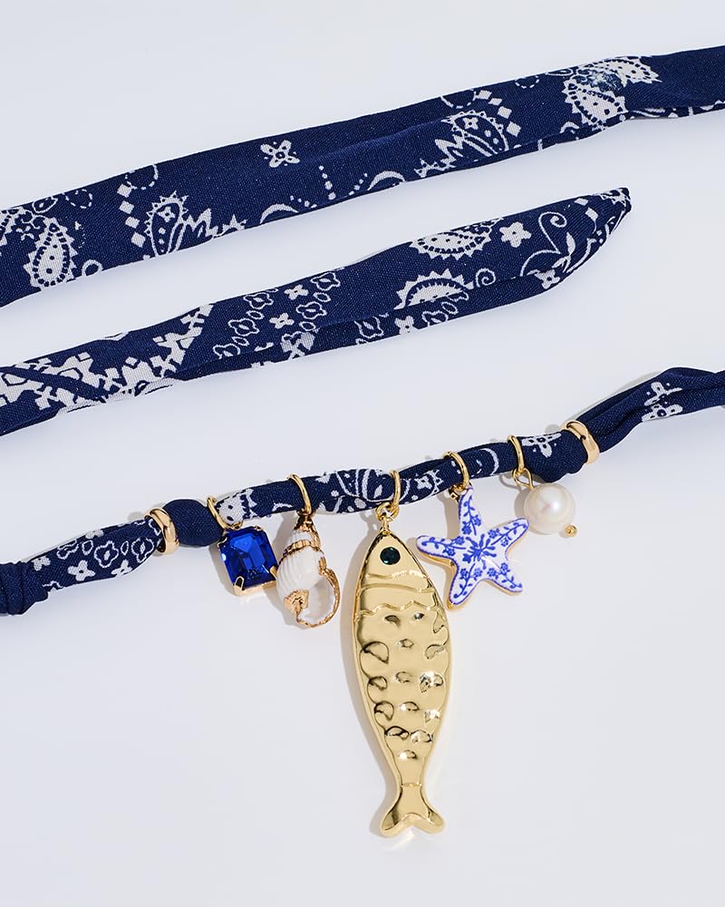 MYCUTEY Blue Scarf Necklace For Women with Gold Fish Conch Shell Starfish and Pearl Charms Summer Statement Necklace Boho Beach Jewelry Gifts