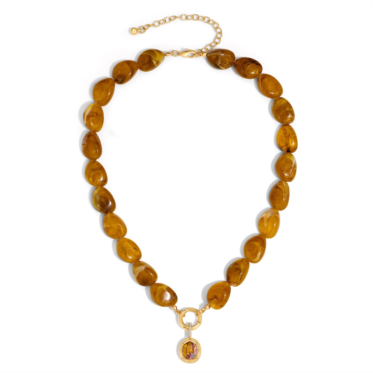 Vintage Amber Acrylic Beaded Necklace for Women, 14K Gold Plated Statement Necklace with Cubic Zirconia Pendant, Boho Chunky Resin Choker Necklace, Retro Chunky Necklaces for Wedding Party Prom Jewelry Gifts