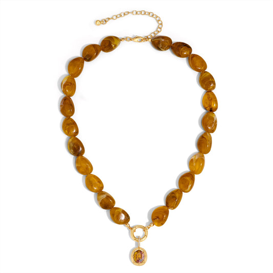 Vintage Amber Acrylic Beaded Necklace for Women, 14K Gold Plated Statement Necklace with Cubic Zirconia Pendant, Boho Chunky Resin Choker Necklace, Retro Chunky Necklaces for Wedding Party Prom Jewelry Gifts