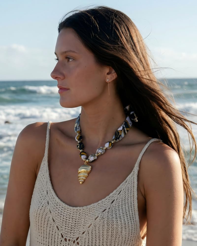FAUTHENTICUTE Gold Conch Shell Pendant Necklace With Black Printed Ribbon Boho Silk Scarf Statement Necklace for Women Summer Beach Choker Necklaces
