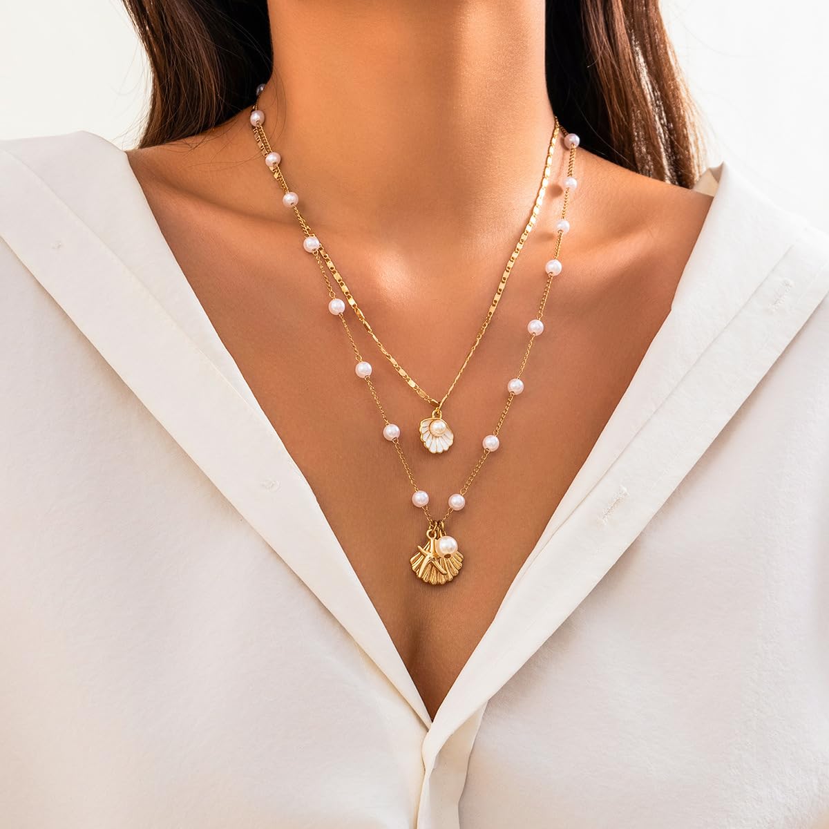 Layered Starfish Necklace Beach Jewelry for Women Seashell Cowrie Puka Shell Necklaces for Women Beach Necklace Turtle Beaded Choker Necklaces Ocean Jewelry (5 - Layered (white))