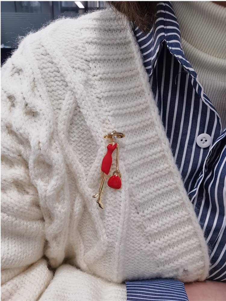 Fashion Lady in Red Brooch Pin for Women Girls Cute Enamel Brooches Lapel Pins Hat Bag Dress Accessories Holiday Party Jewelry Gift