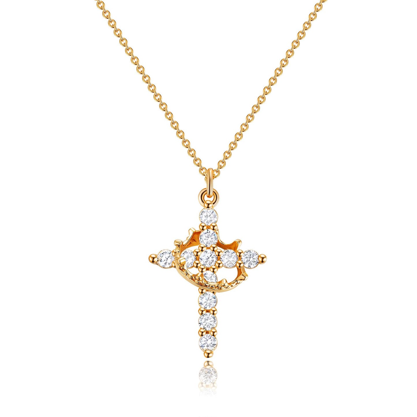 Robaice Gold Plated Sterling Silver Cross Necklace for Women, Crown Cross Pendant Necklace Cross Necklaces Faith Jewelry First Communion Necklace, Gold