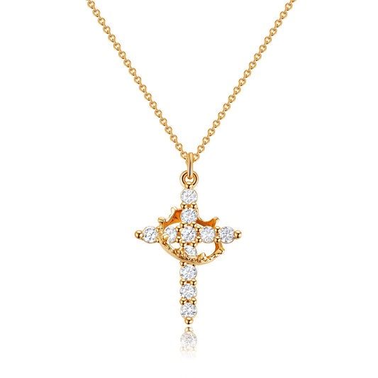 Robaice Gold Plated Sterling Silver Cross Necklace for Women, Crown Cross Pendant Necklace Cross Necklaces Faith Jewelry First Communion Necklace, Gold