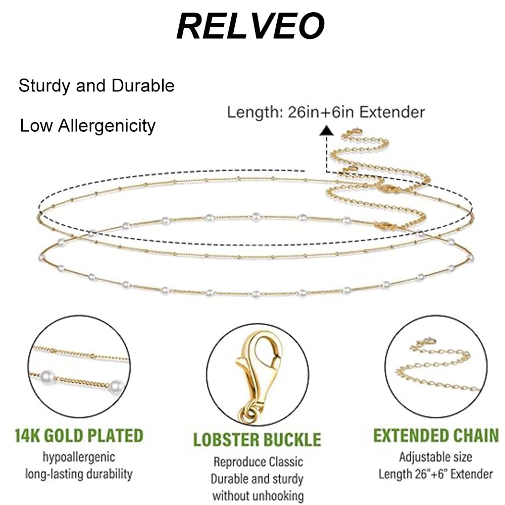 RELVEO 2PCS Gold Waist Chain Adjustable Layered Belly Chain Body Chain Jewelry for Women Sexy Bikini Beach Pearl Satellite Waist Chains